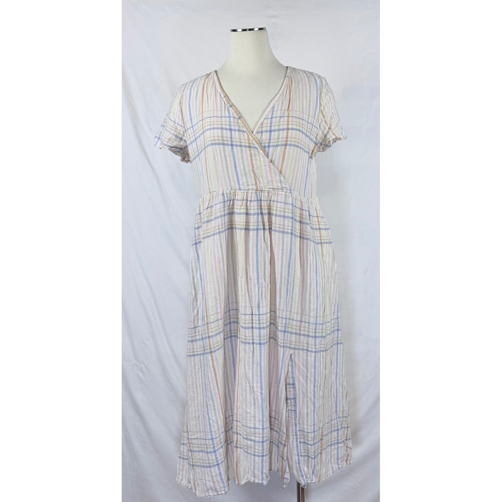 Madewell Plaid Linen Blend Midi Dress M V-Neck Lined Relaxed Cottage Country